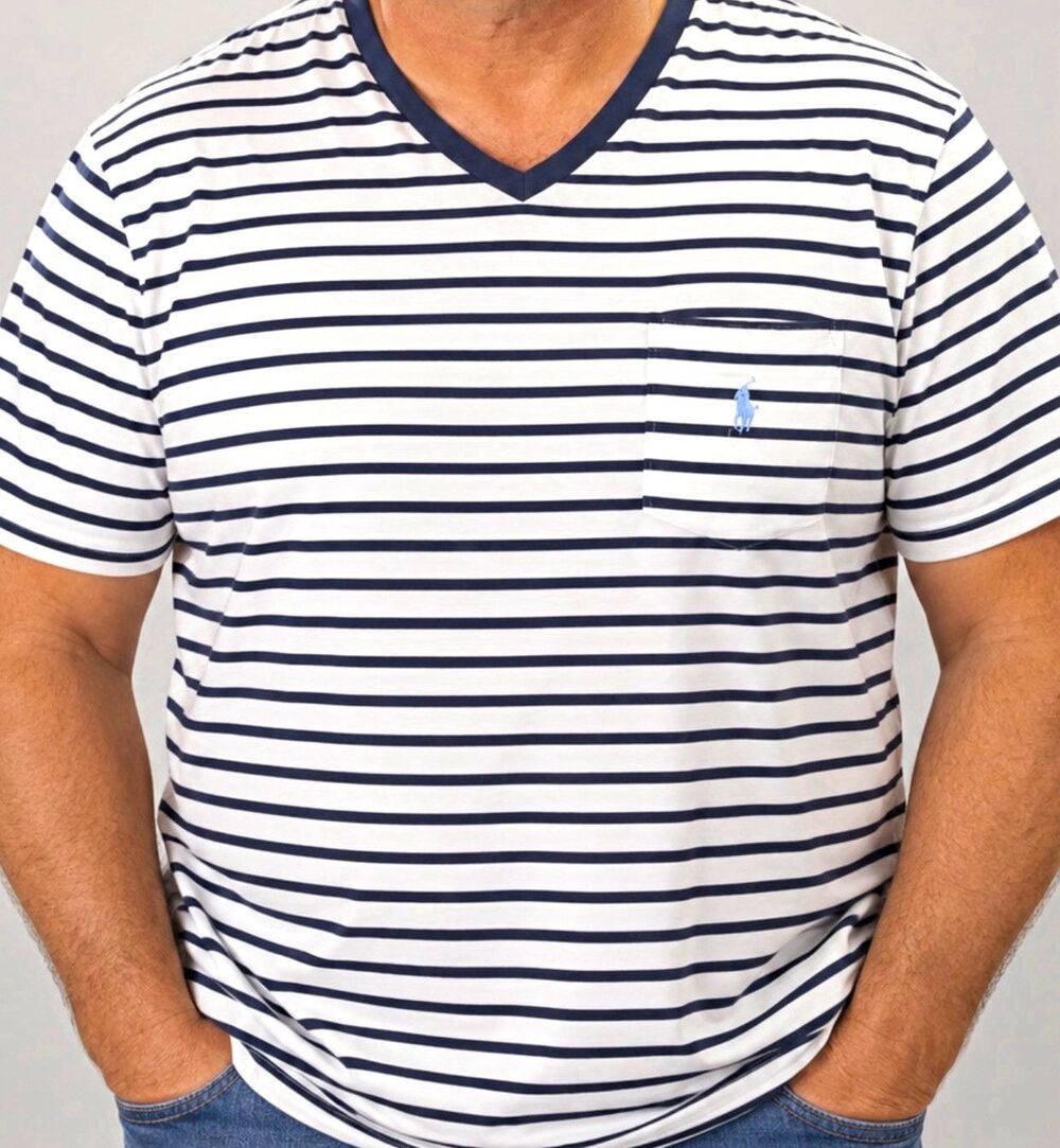 Polo Ralph Lauren Classic Fit Mens XL Striped V-Neck Pocket Jersey T-Shirt